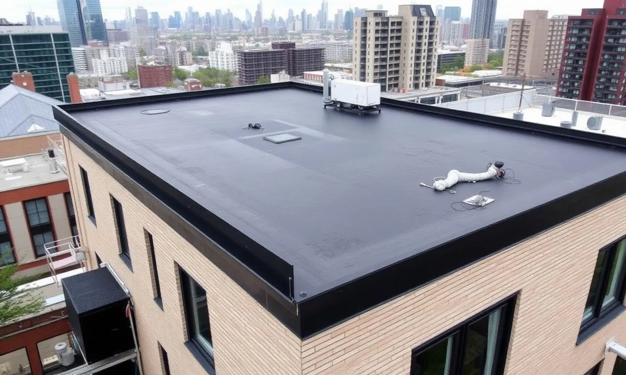 Modern flat roof with elastomeric membrane on a Montréal duplex
