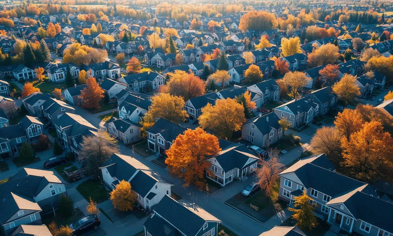 Aerial view of a residential Montréal-area neighbourhood with shingle roofs