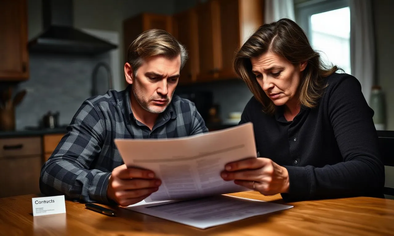 Worried Québec couple reviewing a contract at the kitchen table