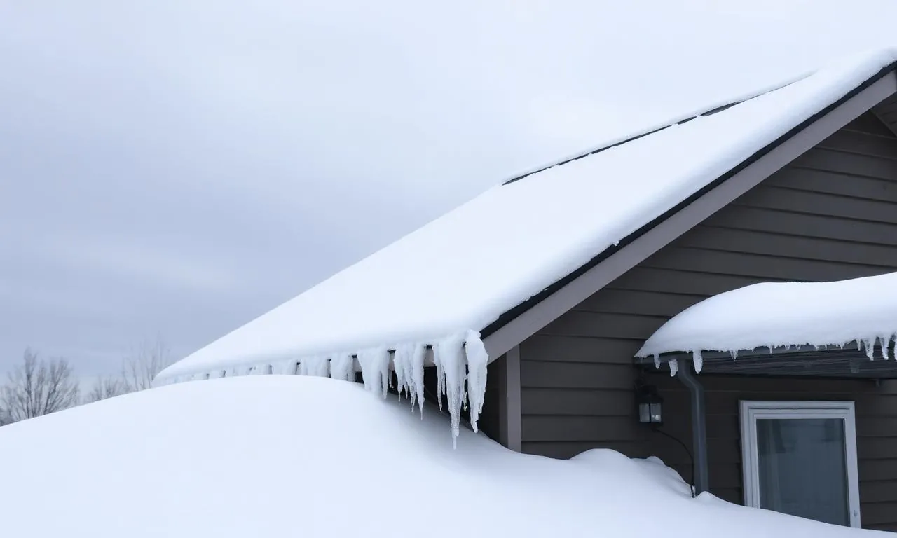 Toronto home with large icicles and ice dam at the eaves